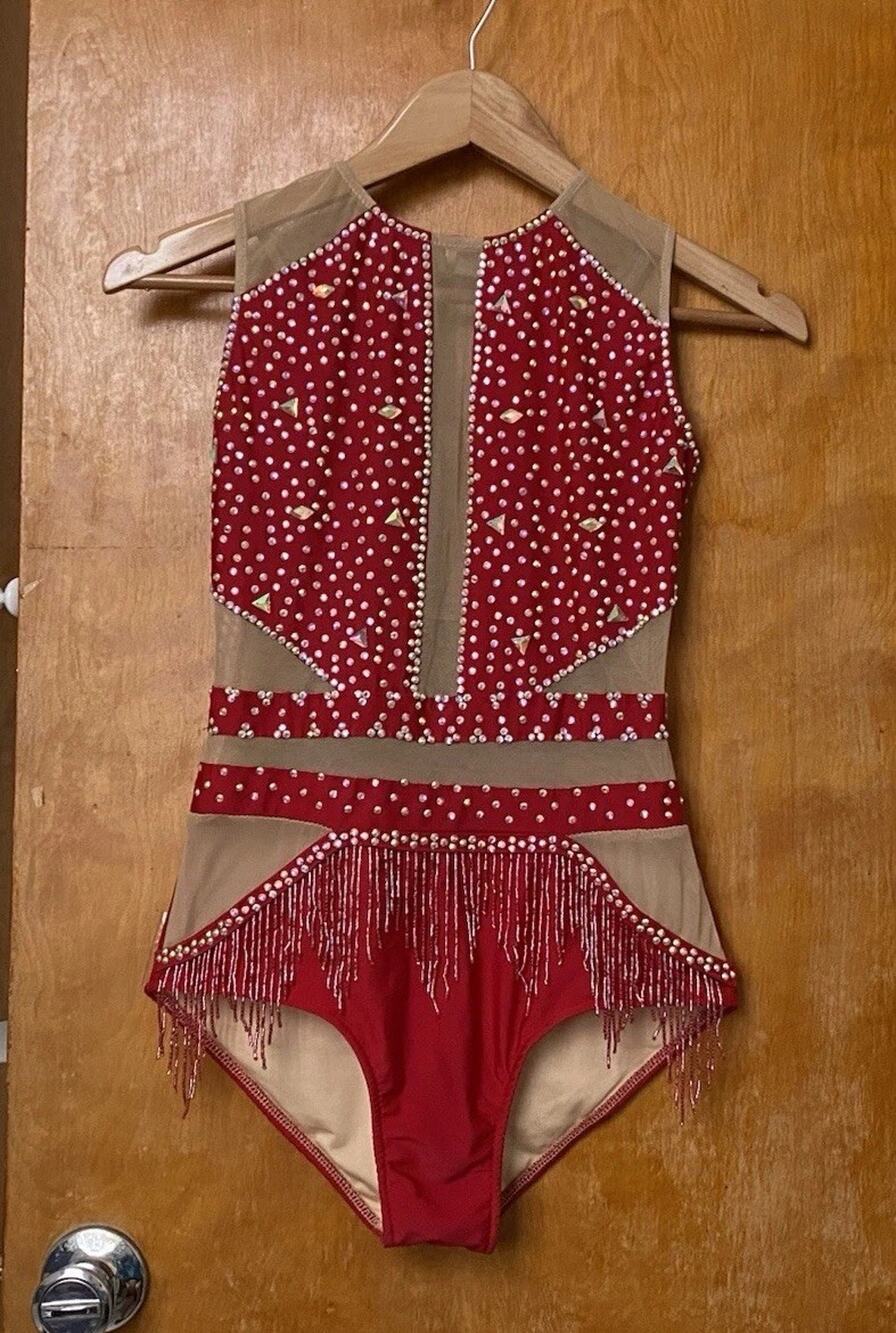 Glamour Red Jazz Solo Dance Costume Leotard Rhinestone Fringe Sz S M Crystals